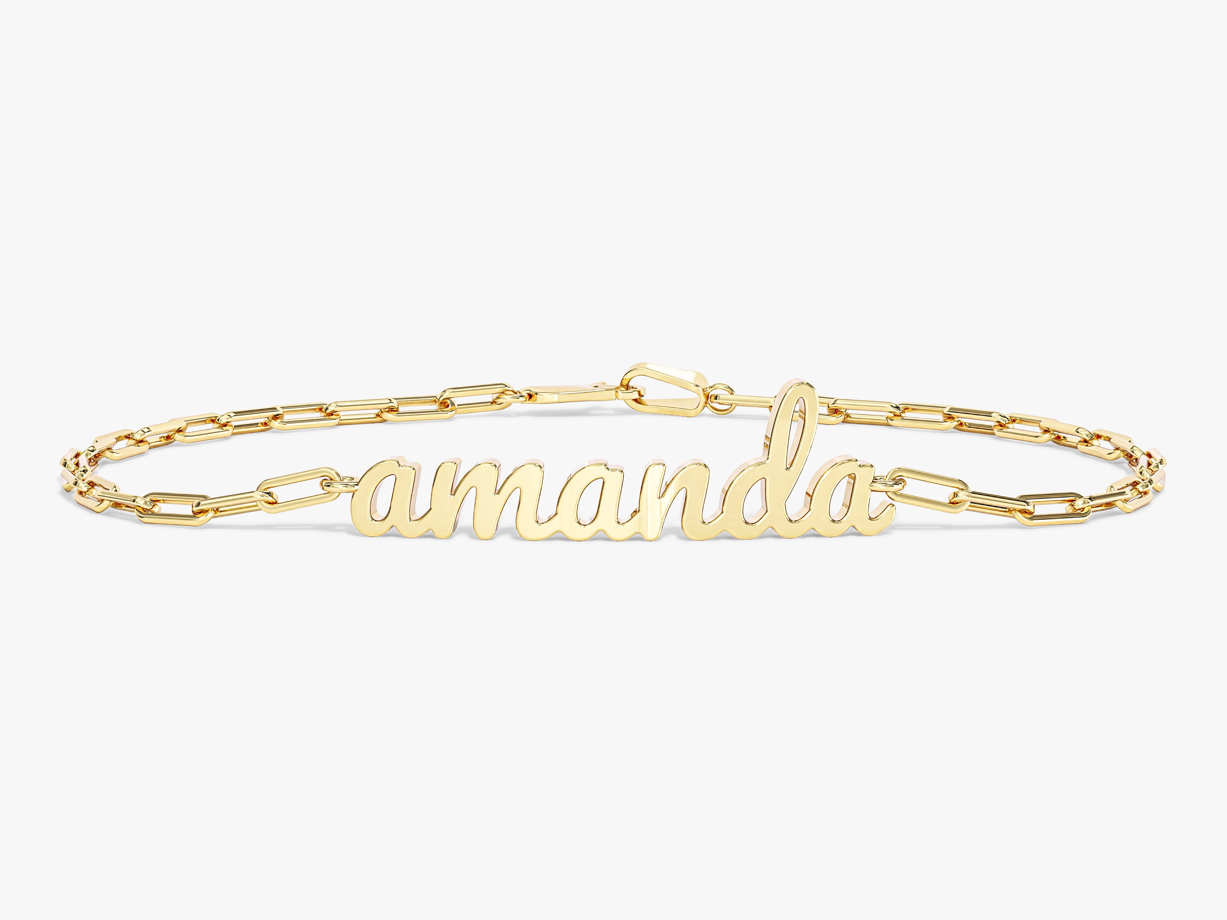 Gold name bracelet with paperclip chain, personalized jewelry