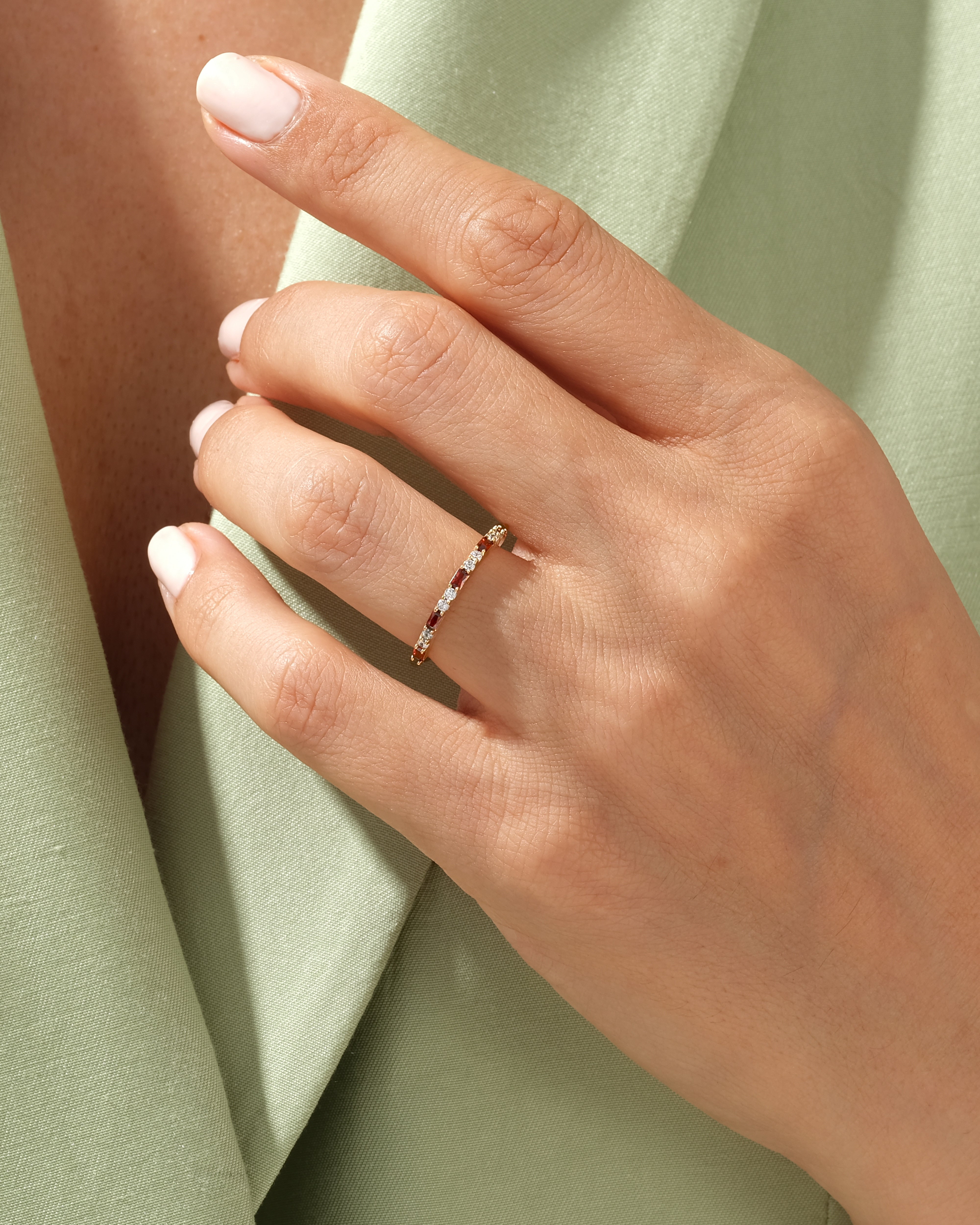 Baguette and Double Round Birthstone Ring