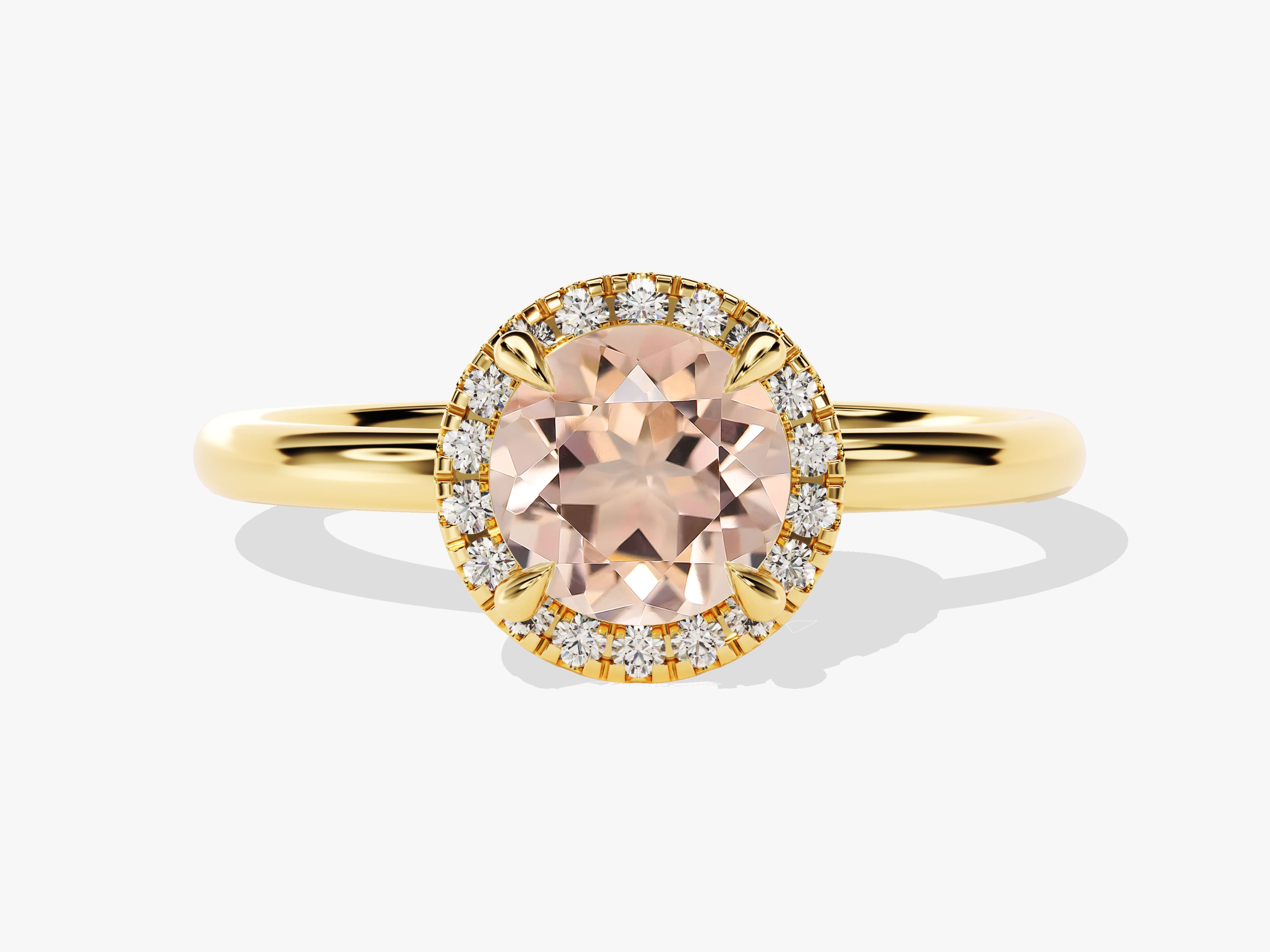 Gold ring with peach morganite and diamond halo engagement jewelry