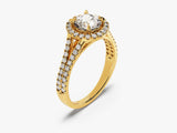 Gold diamond halo engagement ring with split band