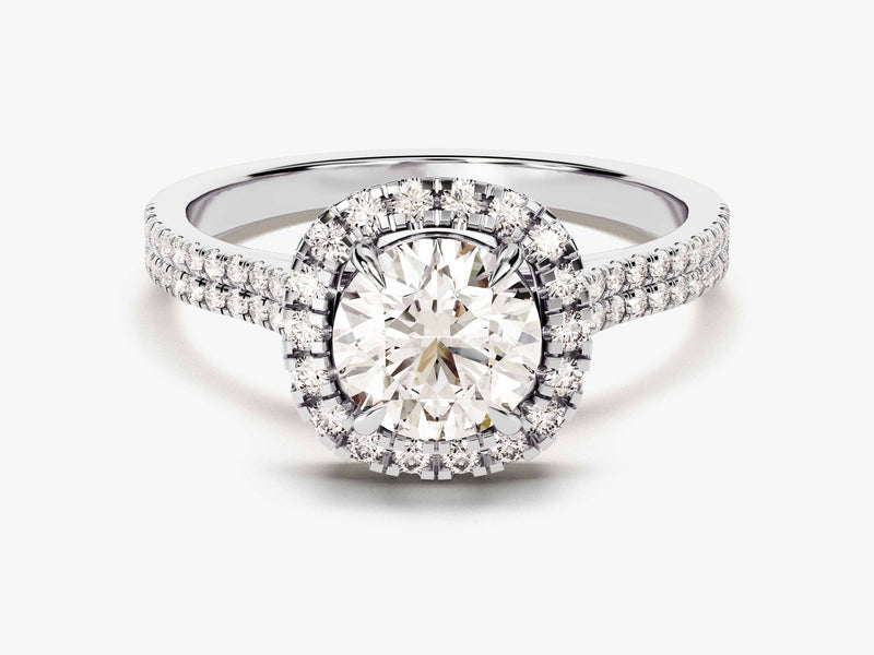 Oval diamond engagement ring with double halo and diamond band