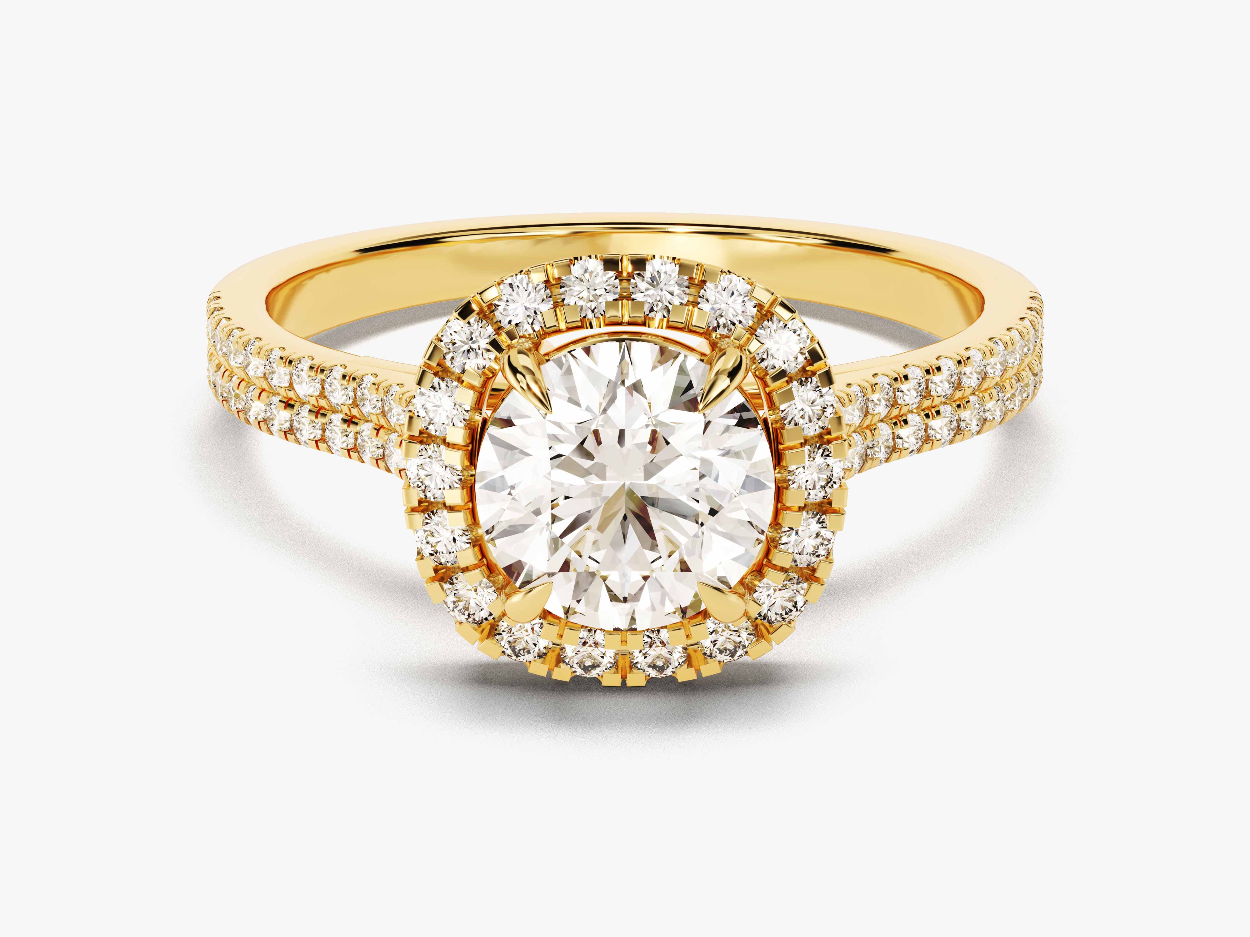 Gold oval diamond halo engagement ring with double diamond band