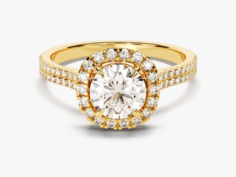Gold oval diamond halo engagement ring with double diamond band
