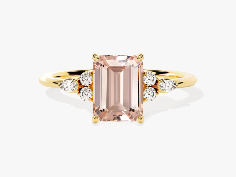 Emerald cut morganite ring with diamond accents on gold band