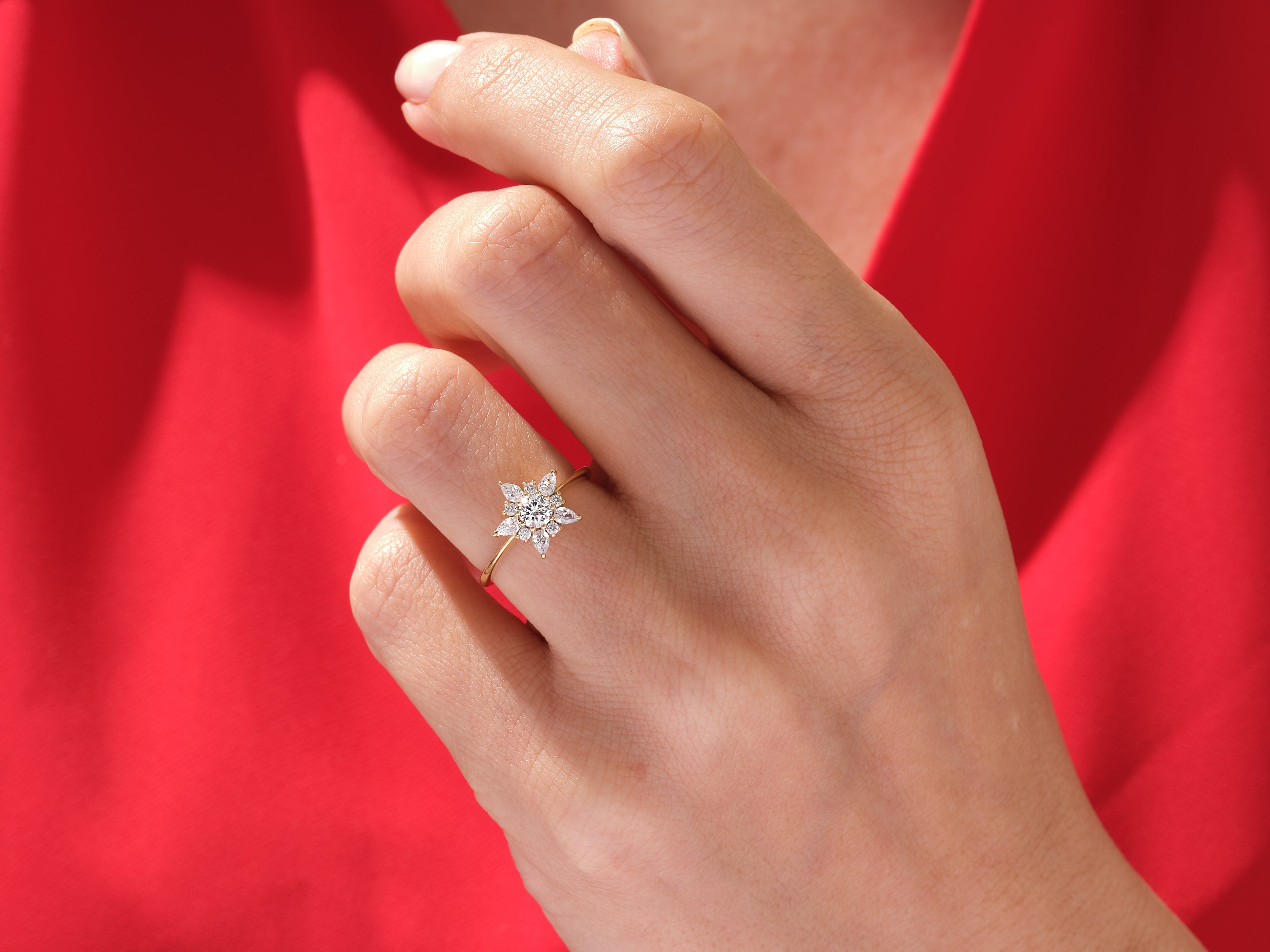 Diamond flower ring on hand, luxury jewelry for women