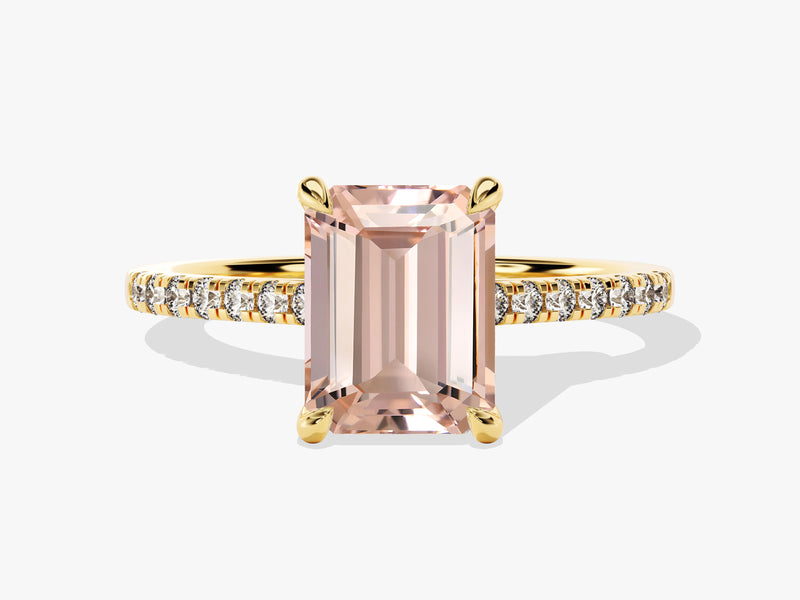 Emerald cut morganite ring with diamond band in yellow gold