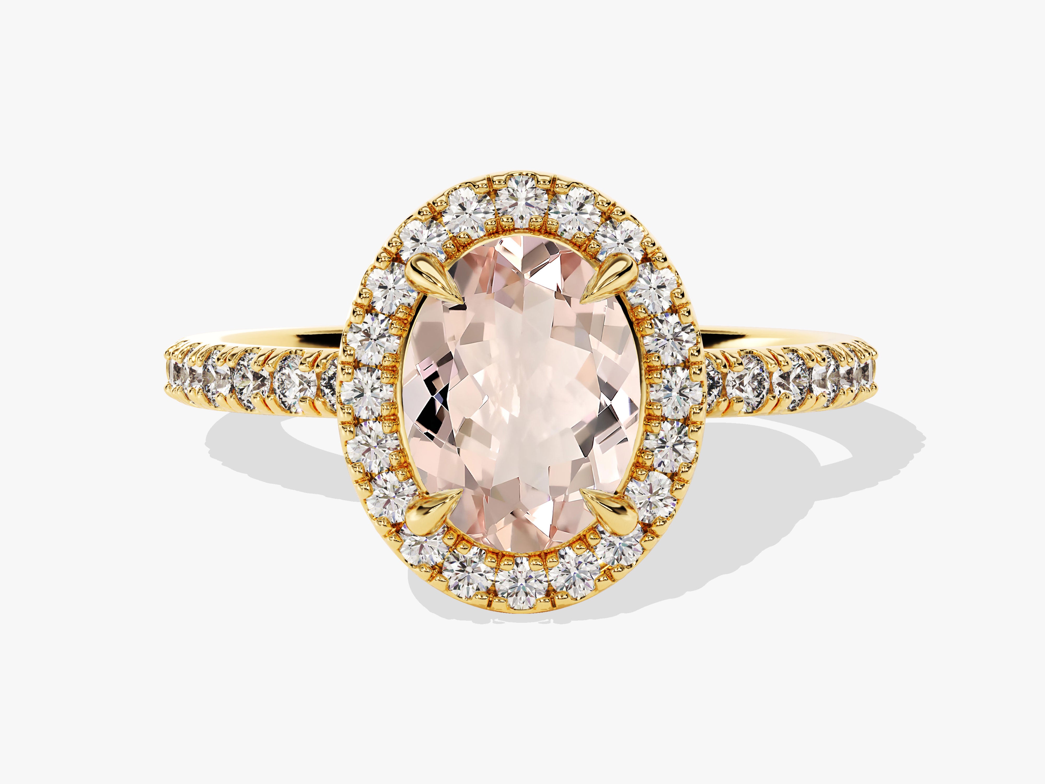 Oval morganite and diamond halo engagement ring in gold