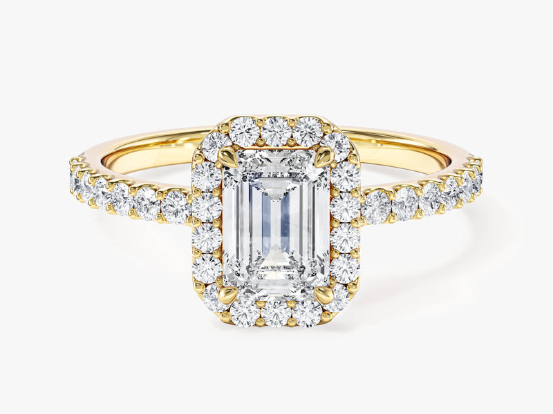 Emerald Halo Moissanite Engagement Ring with Pave Set Side Stones (1.00 CT)