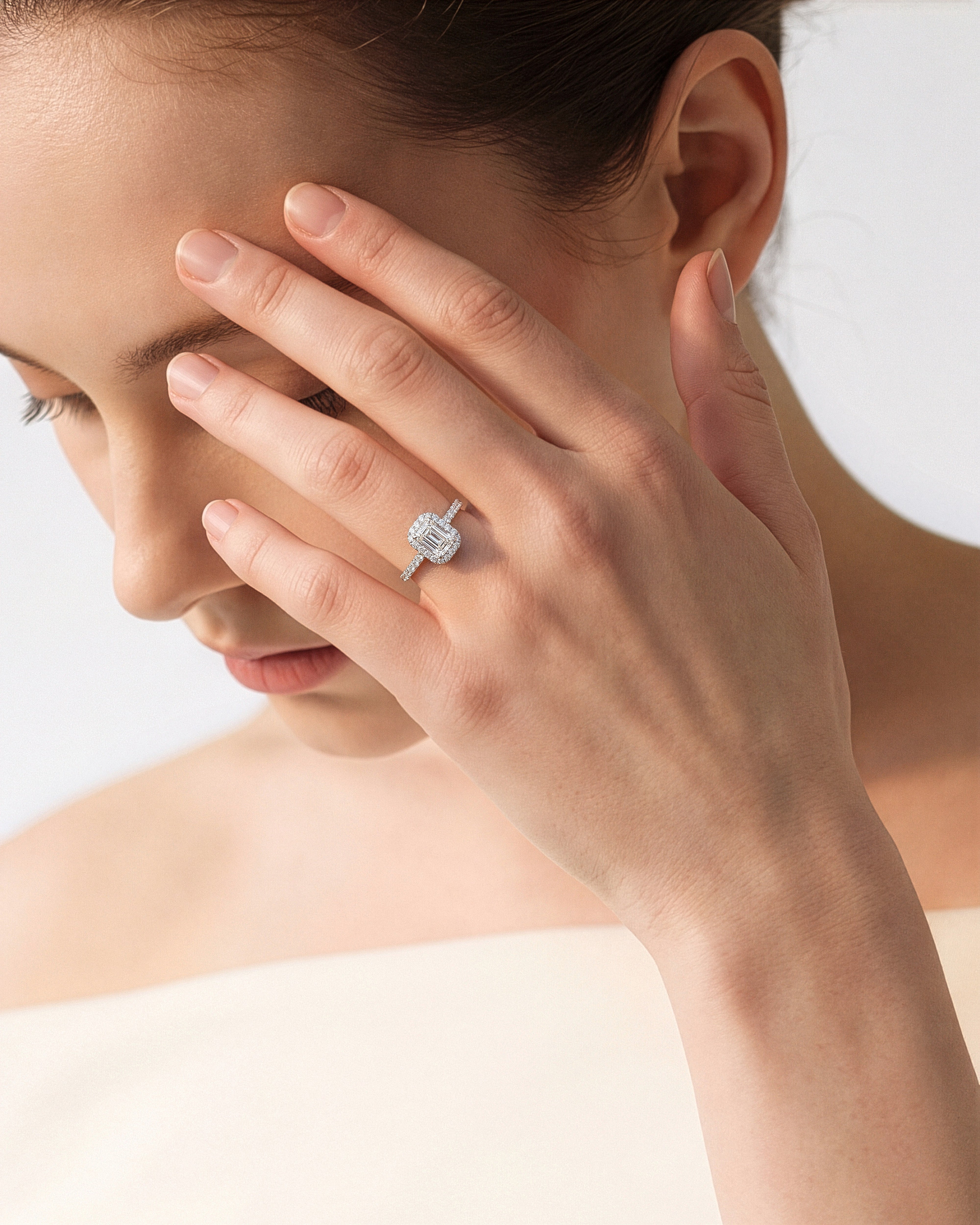 Emerald Halo Moissanite Engagement Ring with Pave Set Side Stones (1.00 CT)