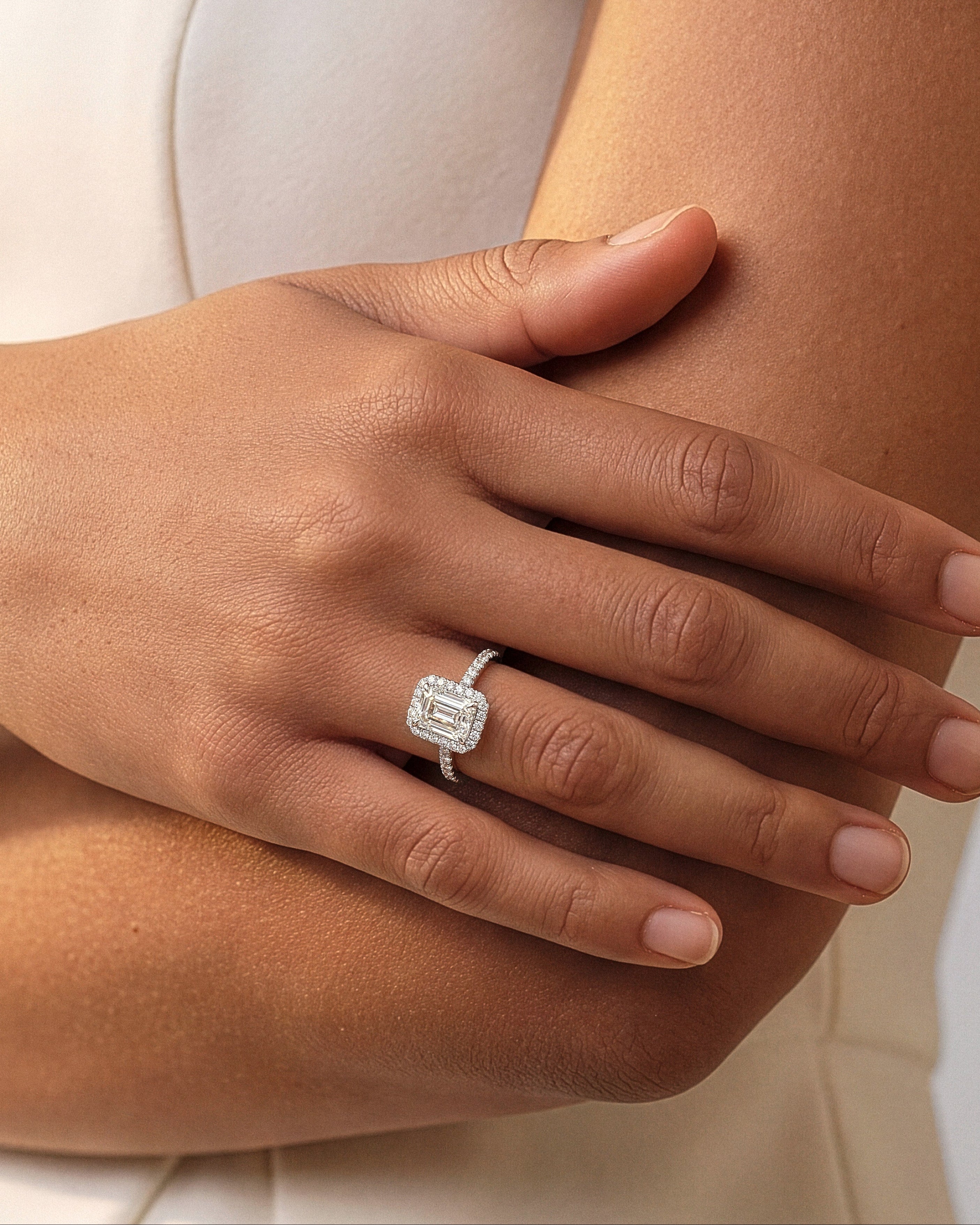 Emerald Halo Moissanite Engagement Ring with Pave Set Side Stones (1.50 CT)