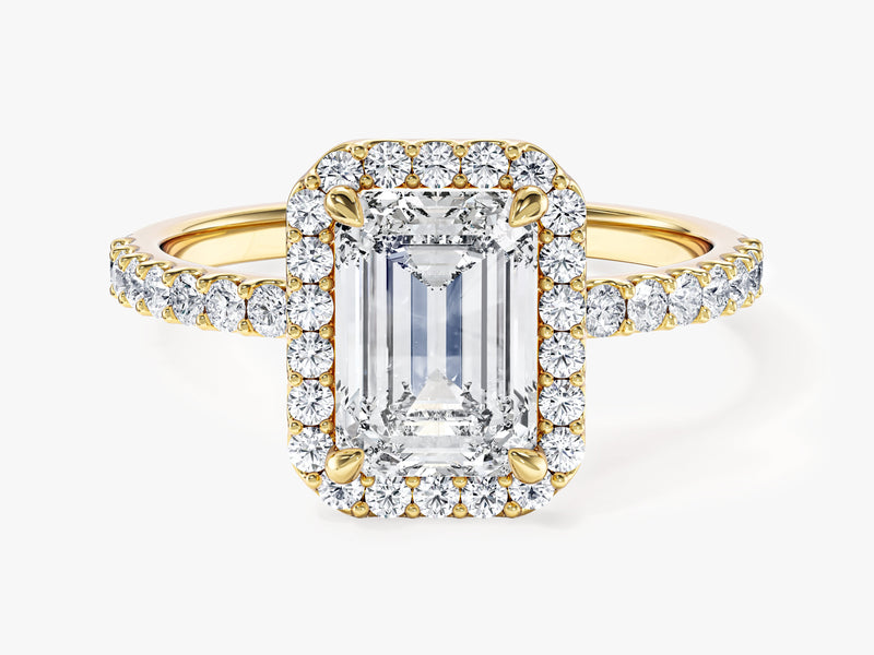 Emerald Halo Moissanite Engagement Ring with Pave Set Side Stones (1.50 CT)