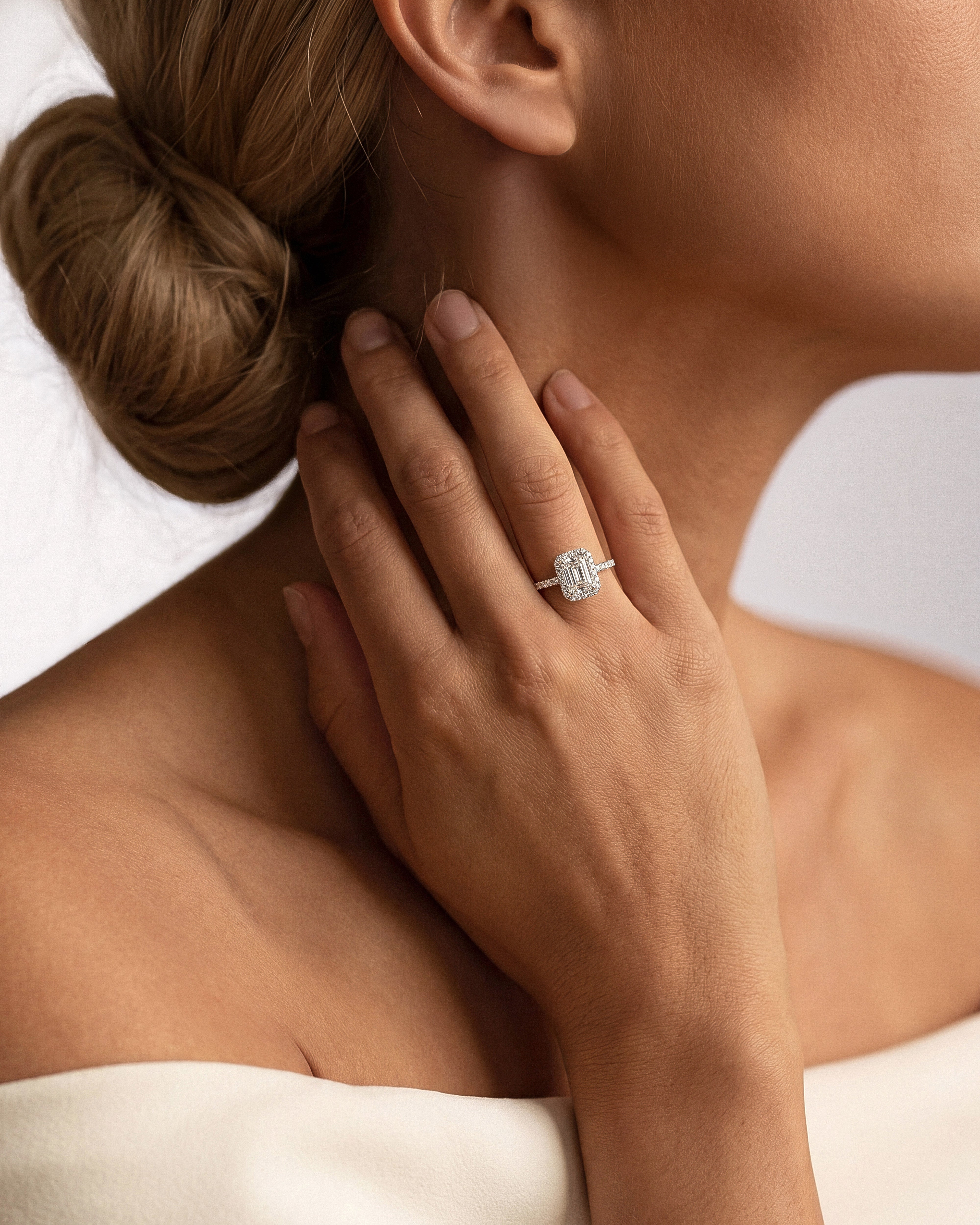 Emerald Halo Moissanite Engagement Ring with Pave Set Side Stones (1.50 CT)