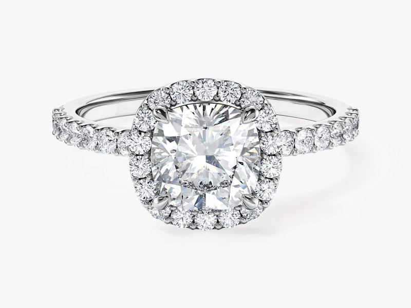 Cushion Halo Moissanite Engagement Ring with Pave Set Side Stones (1.50 CT)