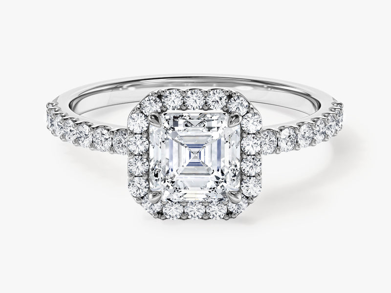 Asscher Halo Moissanite Engagement Ring with Pave Set Side Stones (1.00 CT)