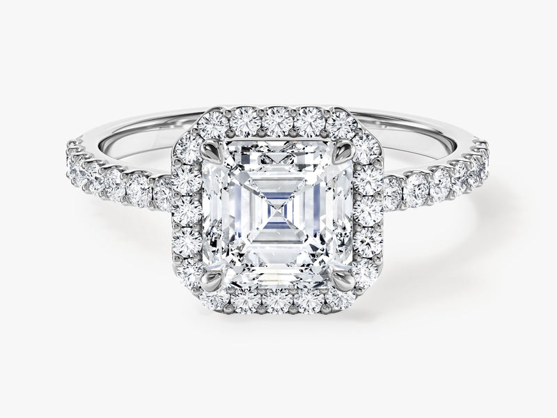 Asscher Halo Moissanite Engagement Ring with Pave Set Side Stones (1.50 CT)
