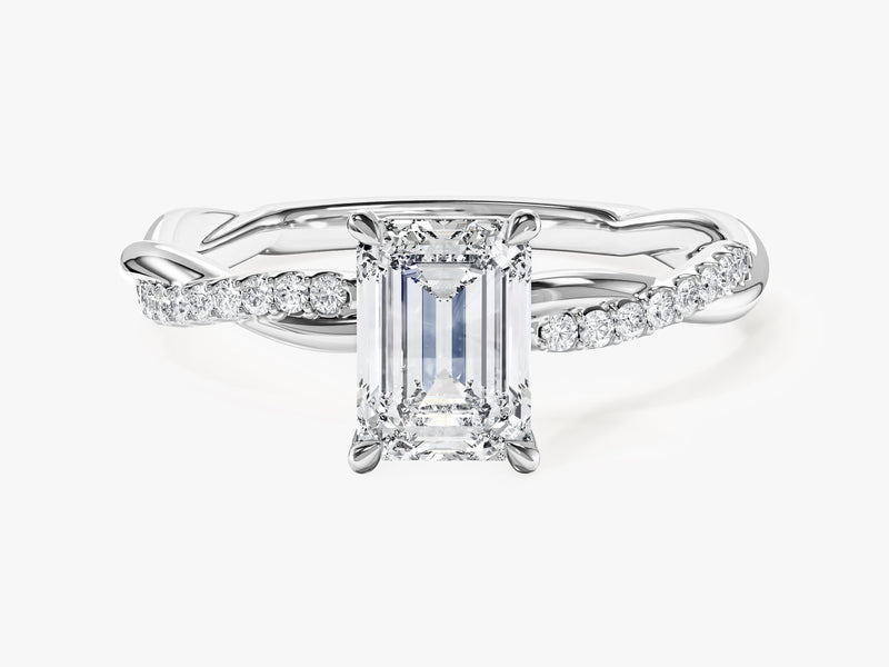 Emerald Twisted Moissanite Engagement Ring with Pave Set Side Stones (1.00 CT)