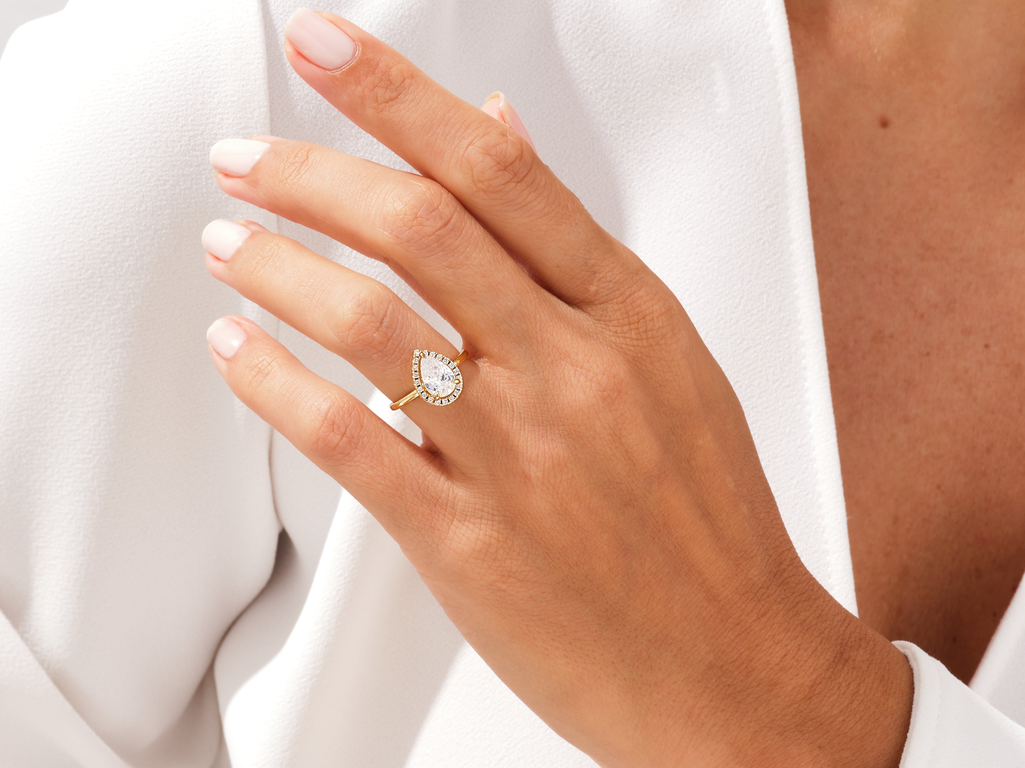 Pear-shaped diamond engagement ring in yellow gold