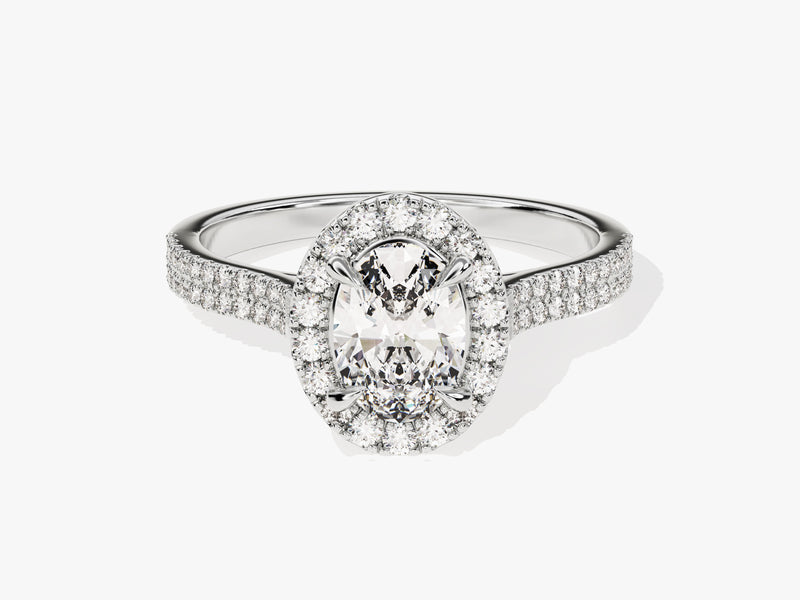 Oval diamond halo engagement ring with pave band