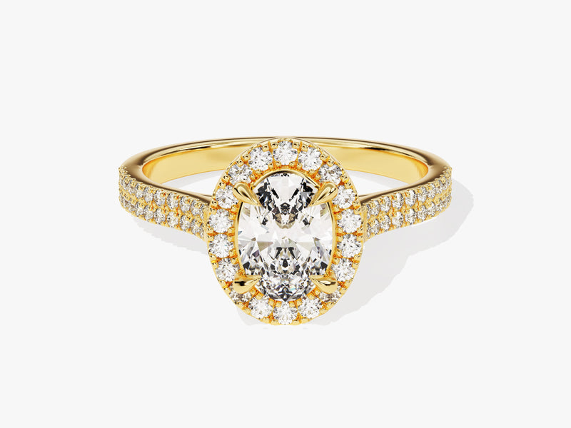 Gold oval diamond halo engagement ring with pave band