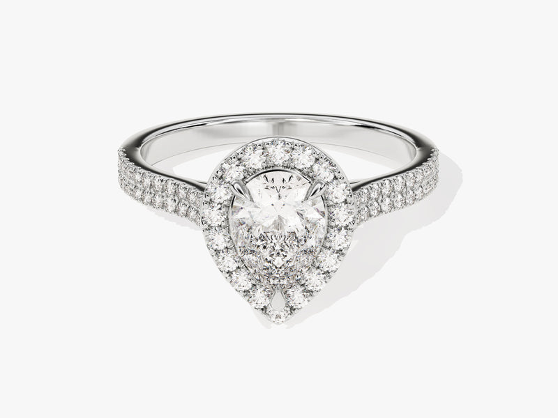 Diamond engagement ring with pear-shaped center stone and halo