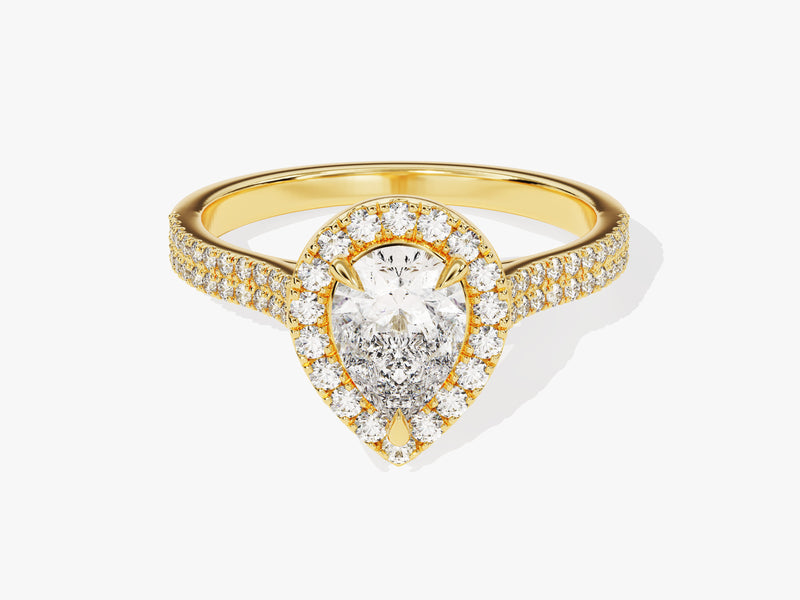 Gold pear-cut diamond engagement ring with halo and pave band
