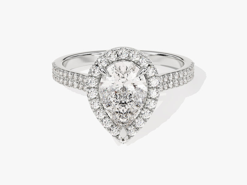 Diamond halo engagement ring with pear-shaped center stone