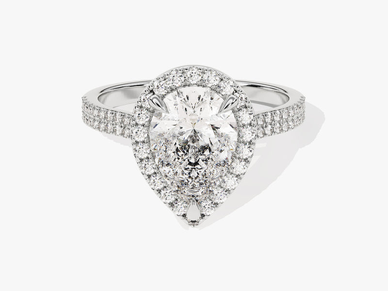 Diamond engagement ring with pear-shaped center stone and halo