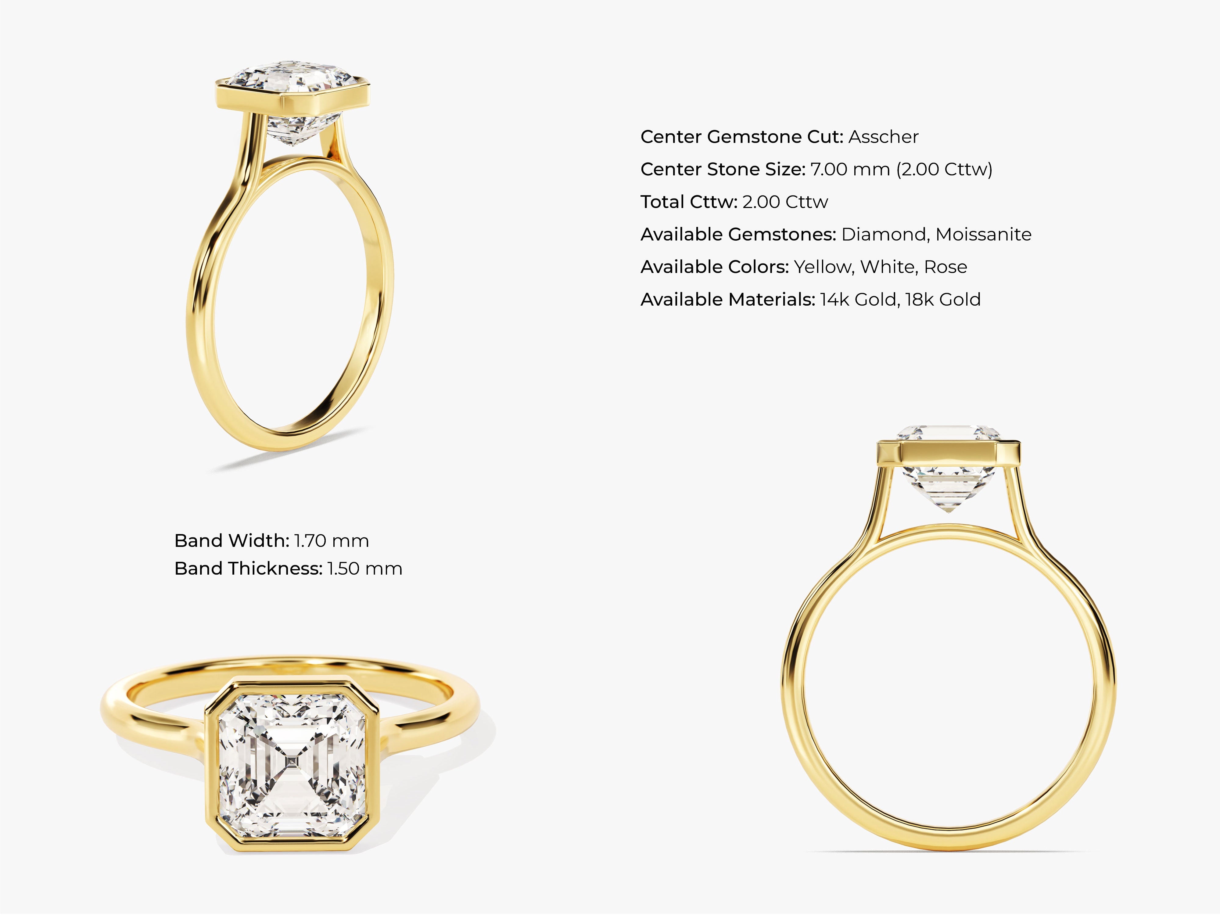 Gold ring with asscher cut diamond bezel set