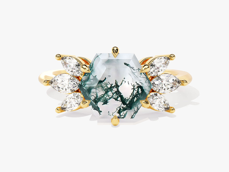 Hexagonal moss agate ring with diamonds, gold jewelry