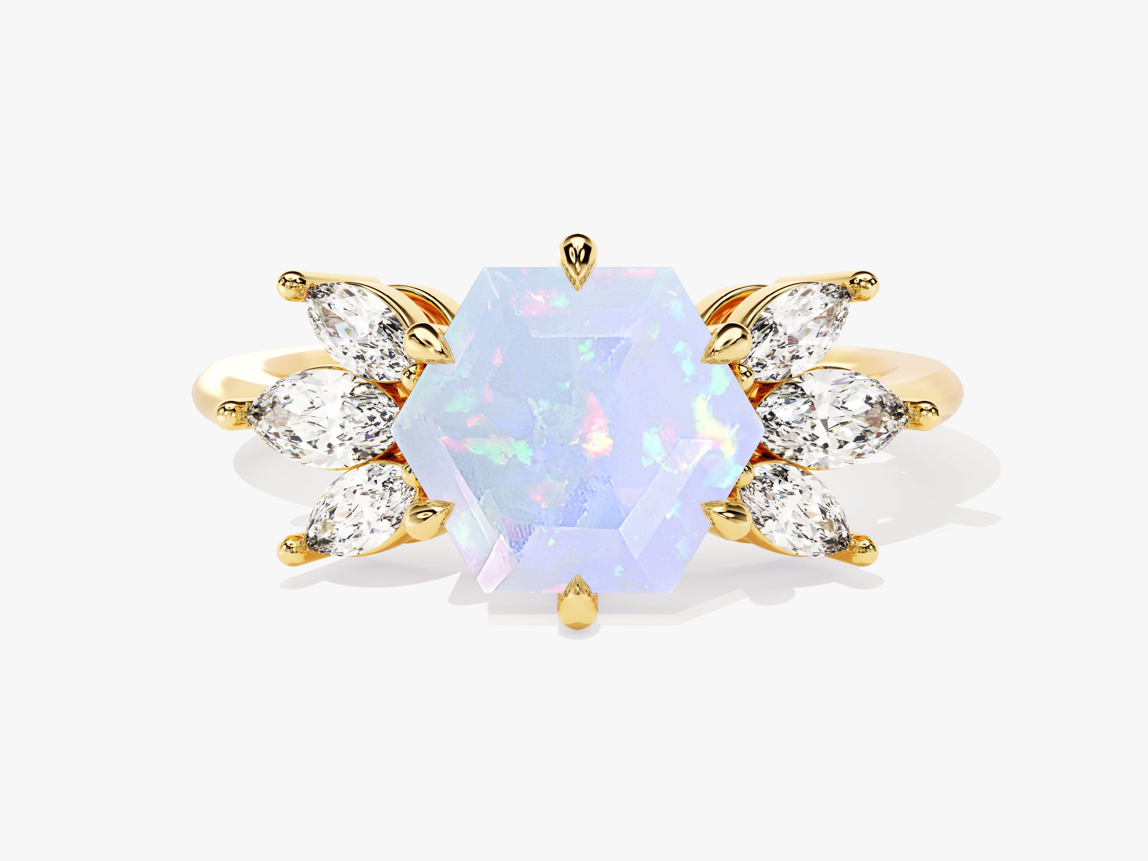 Gold ring with hexagonal opal and diamond accents
