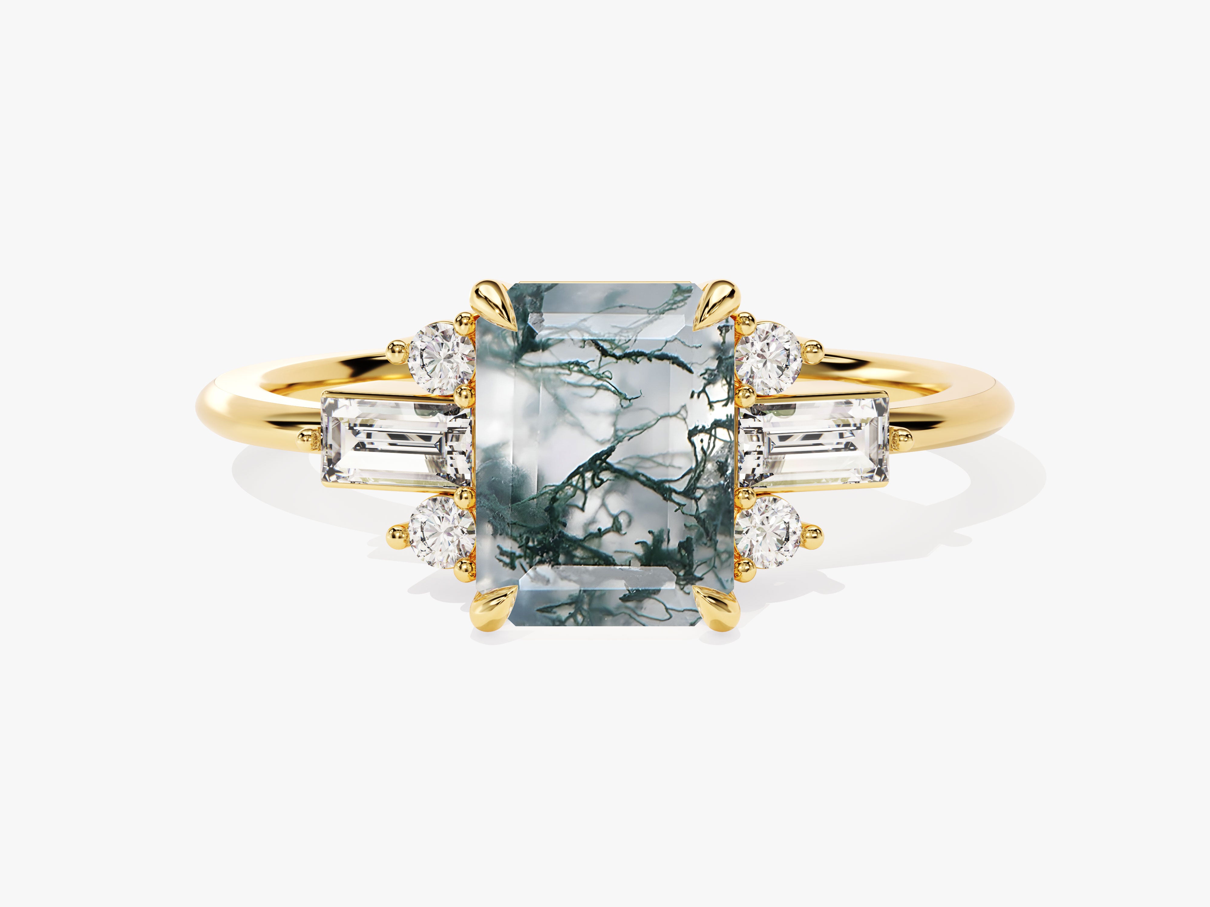 Gold ring with moss agate and diamond accents
