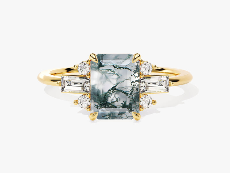 Gold ring with moss agate and diamond accents
