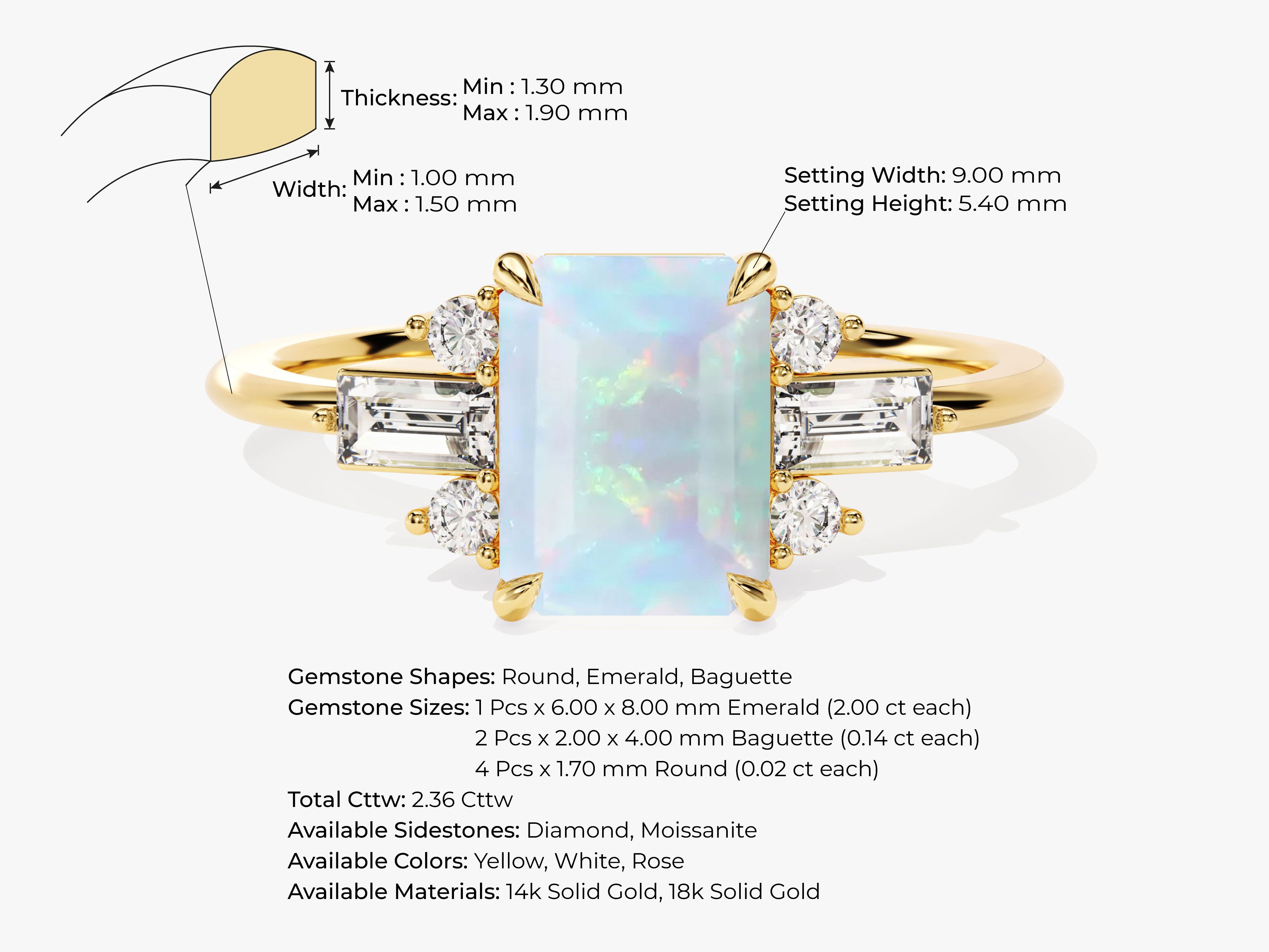 Gold ring with emerald, baguette, and round diamonds