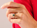Emerald cut moss agate ring with diamonds on gold band