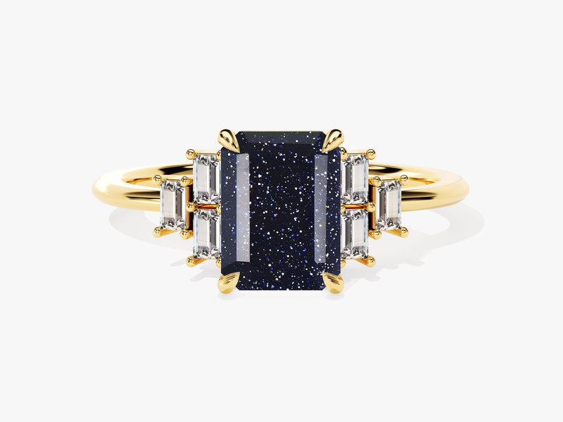 Gold ring with blue sandstone and baguette diamonds