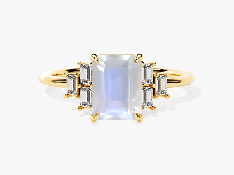 Gold ring with emerald-cut moonstone and baguette diamonds
