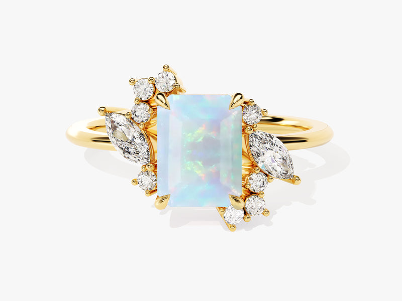 Gold ring with emerald-cut opal and diamond accents
