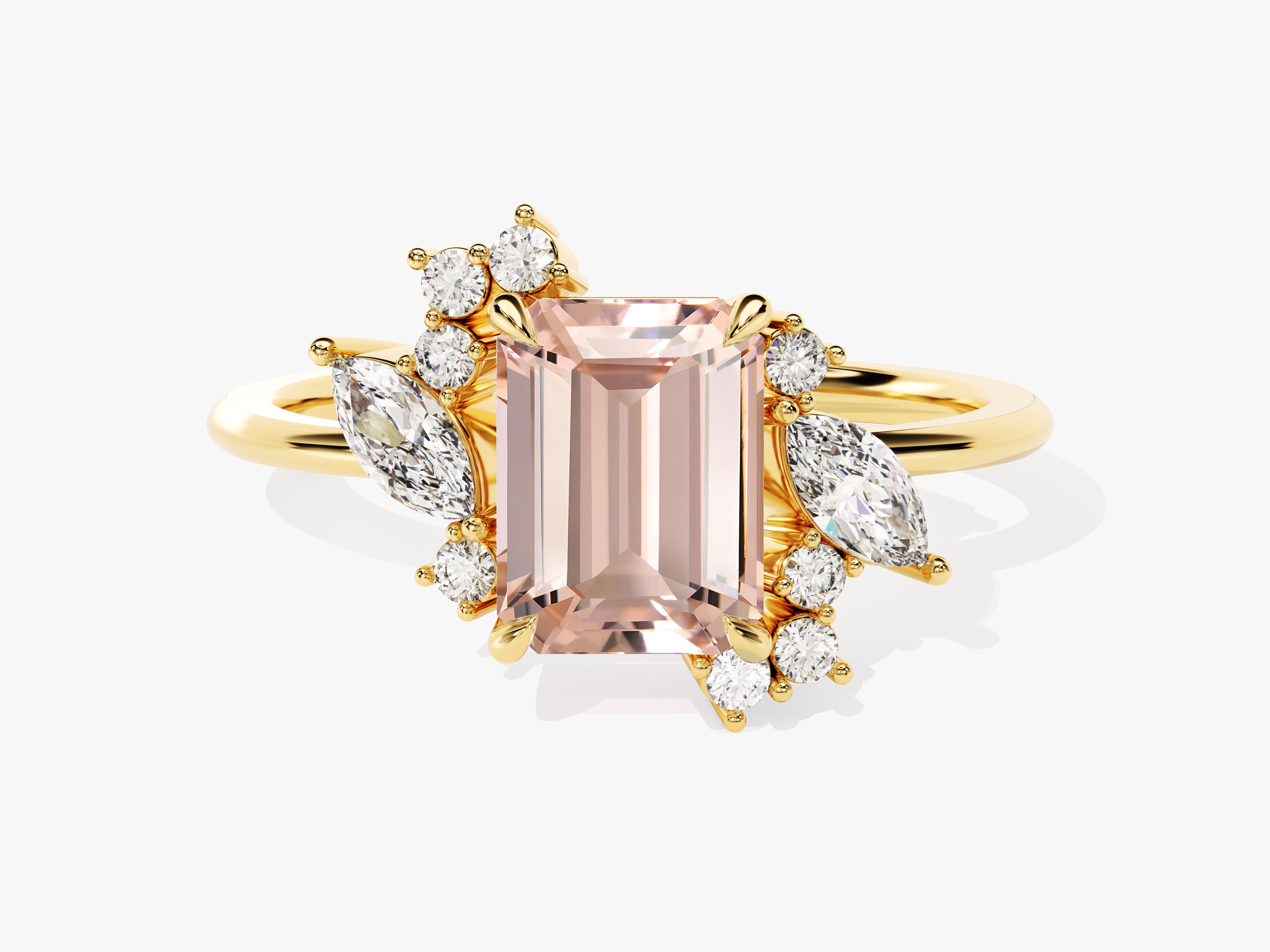 Emerald cut pink gemstone ring with diamonds on gold band