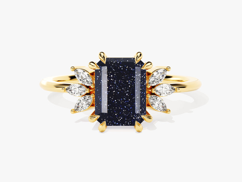 Gold ring with emerald cut blue sandstone and diamond accents