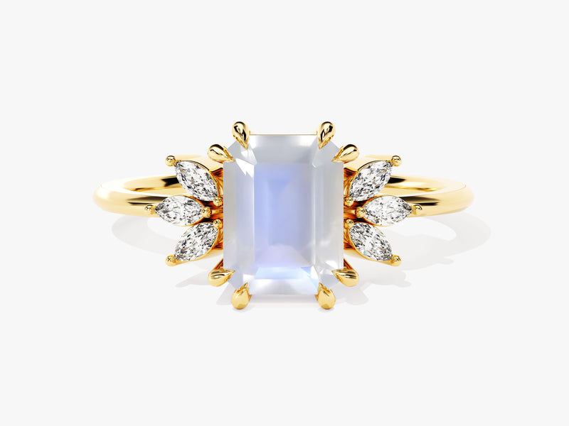 Gold ring with emerald cut moonstone and diamond accents