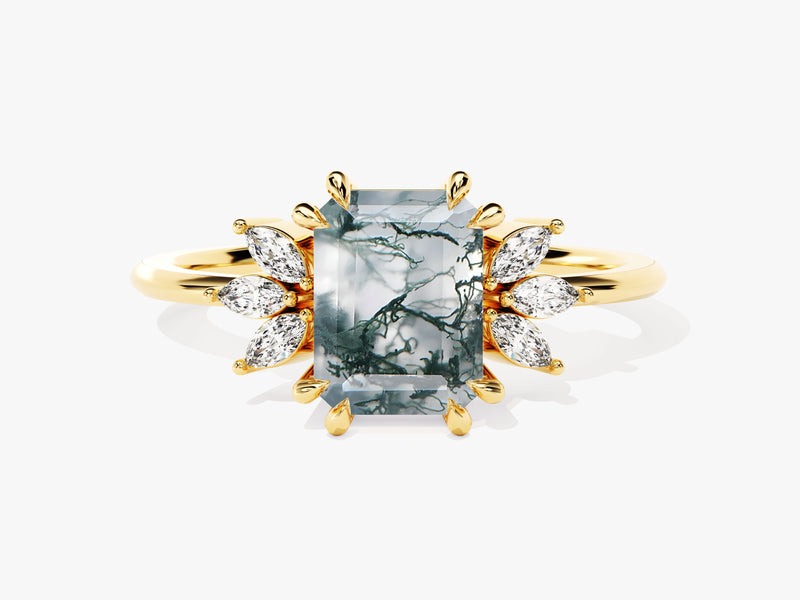 Emerald cut moss agate ring with diamond accents