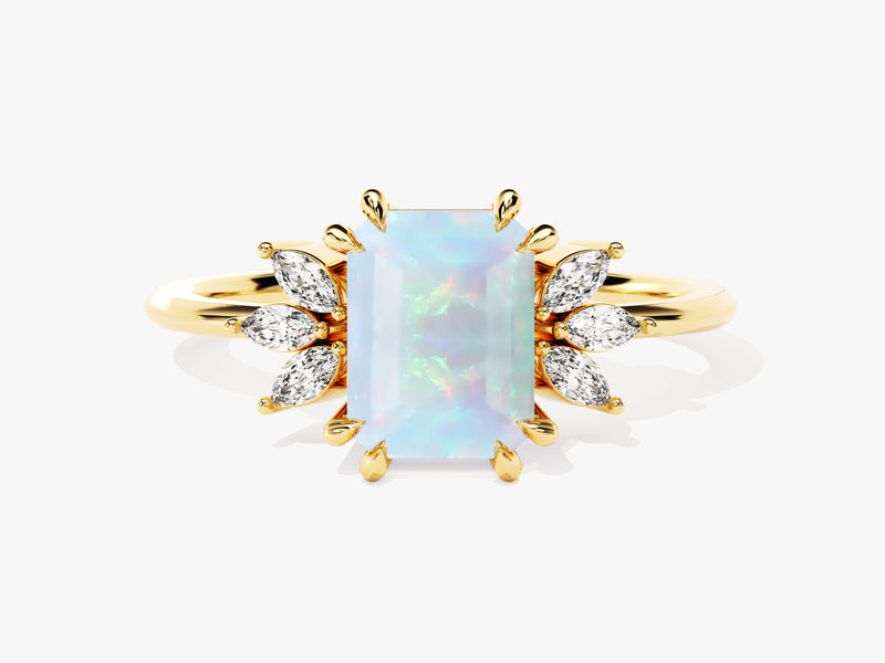 Gold ring with emerald-cut opal and diamond accents