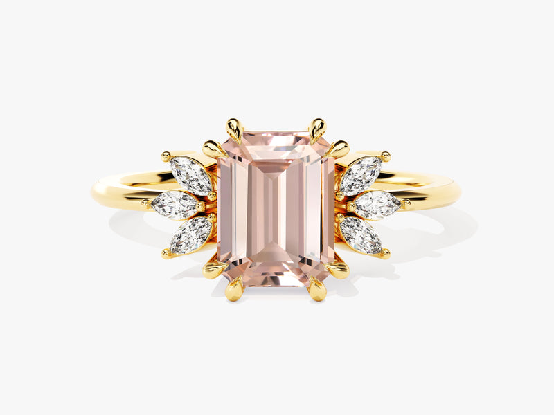 Emerald cut morganite ring with diamond accents on gold band
