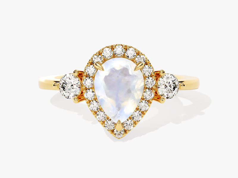 Gold pear-cut moonstone halo ring with diamonds