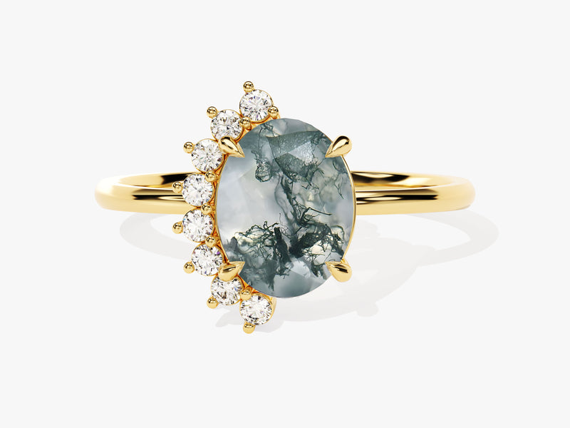 Gold ring with oval moss agate and diamond accents