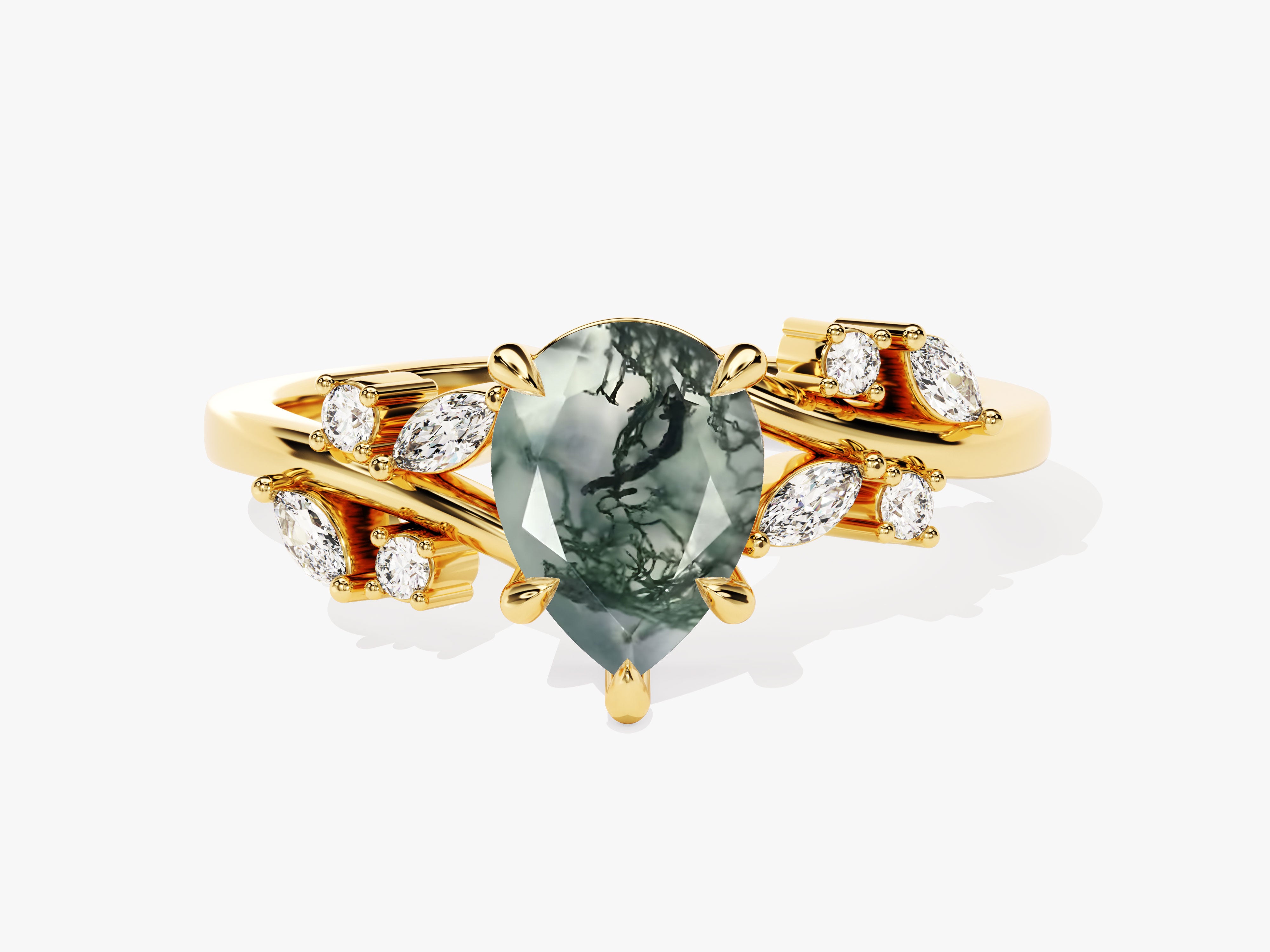 Gold ring with pear-shaped moss agate and diamond accents