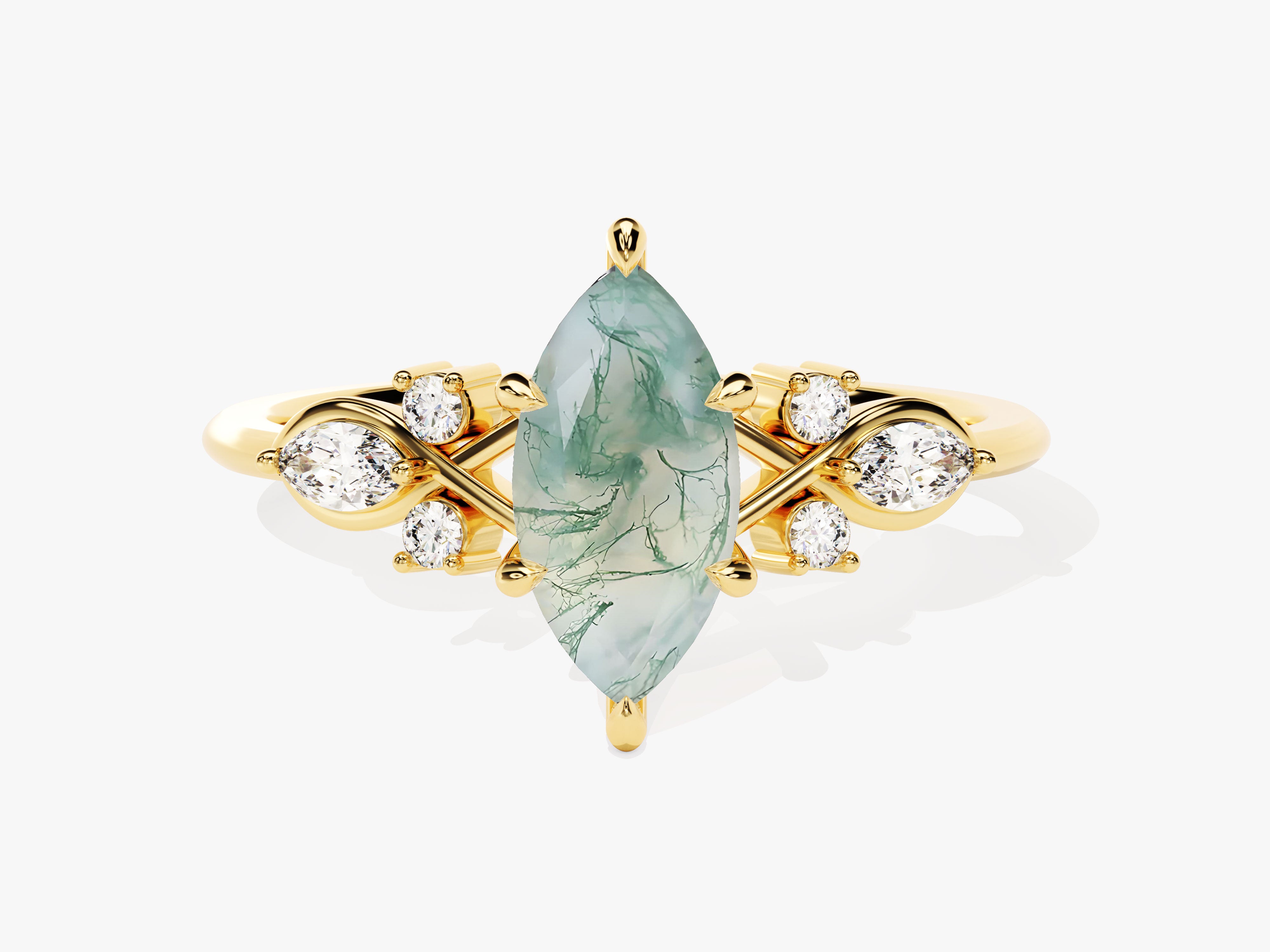 Gold ring with marquise moss agate and diamonds