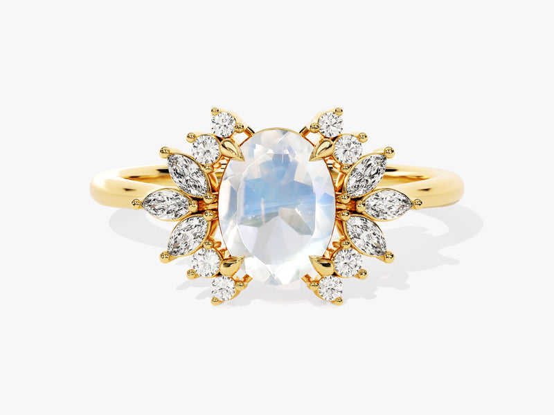 Gold ring with oval moonstone and diamond accents