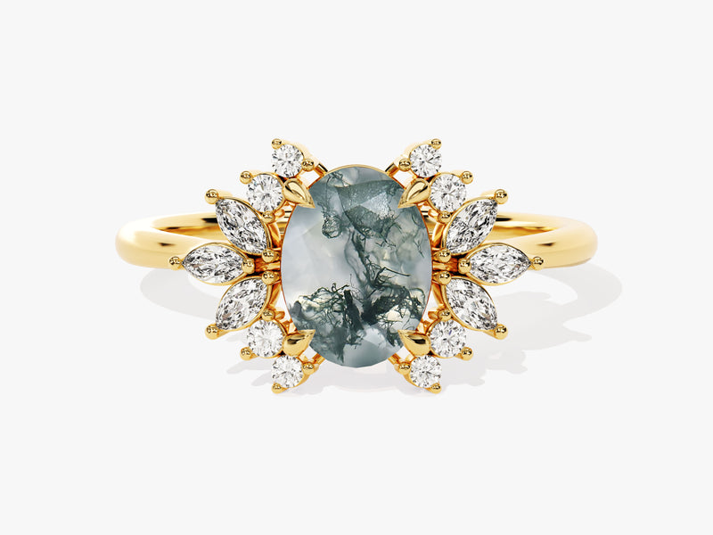 Gold ring with oval moss agate and diamond halo