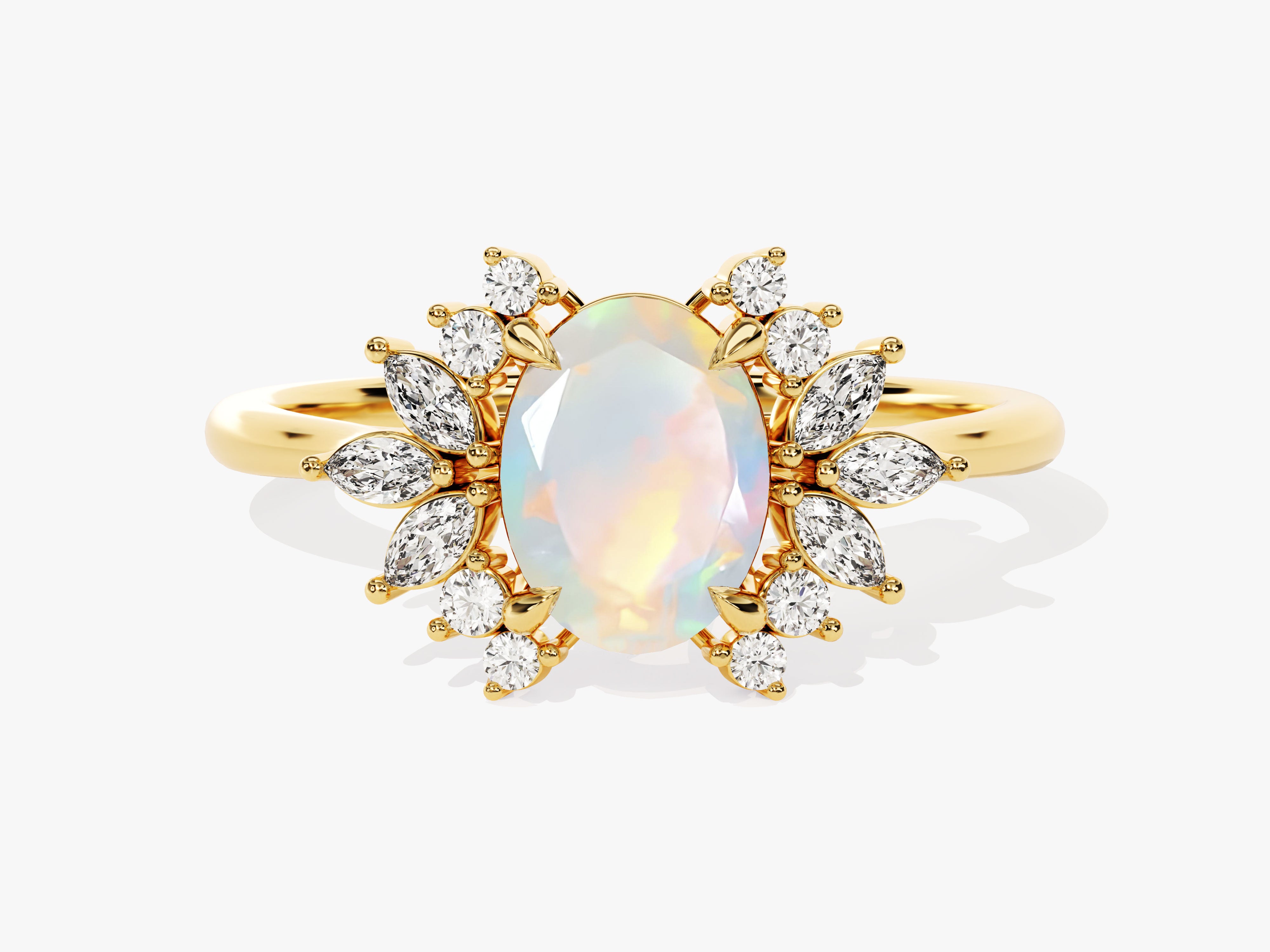 Gold ring with oval opal and diamond halo engagement ring